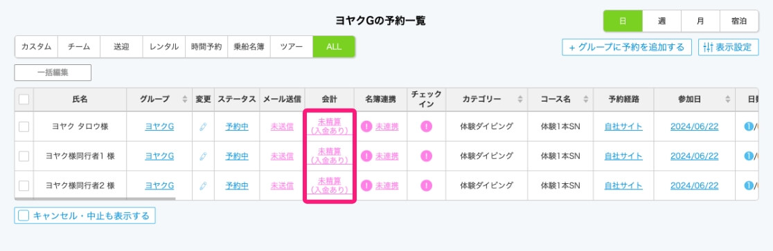 予約台帳の表示のイメージ